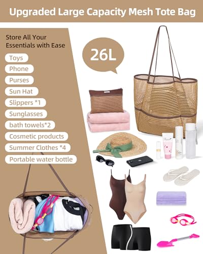 Image of Mesh Beach Tote Bag Packable,2026 New 2-in-1 Large Lightweight Foldable Beach Bags with Multiple Pockets for Women