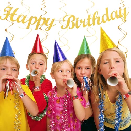 Image of White Champagne Gold Birthday Party-Decorations - 21pcs Happy Birthday Banner,Paper Lanterns,Tissue Pom Poms Flower Fan,Honeycomb Ball,Swirl Streamers Garland Supplies Women Men Decor Huglony