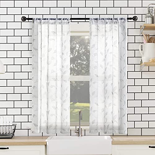 Mrtrees Short Sheer Curtains Tiers, Linen Textured Curtains Rod Pocket, Flax Linen Kitchen Cafe Curtains For Living Room Leaves Printed Light Filtering Window Treatment(2 Panels, 30X45 Inches, White) #TOP5