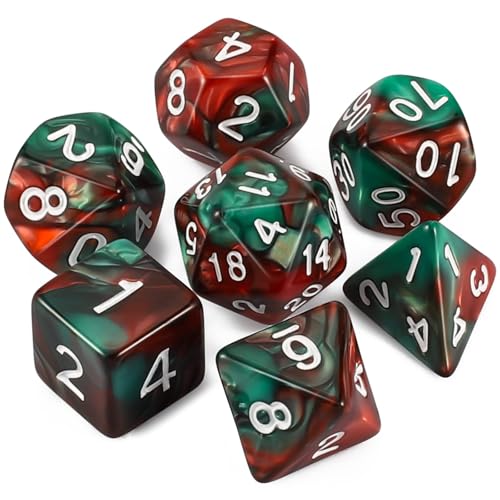 Dzxin DND Zestaw kości do gry, 7 szt. wielościennych kości do Dungeons and Dragons RPG MTG do odgrywania ról gier stołowych (zielone mieszane czerwone)