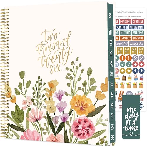 bloom daily planners 2026 Planner (January to December) - 8.5” x 11” Weekly & Monthly Dated Agenda Organizer Book with Stickers & Tabs - Flexible Soft Cover - Beige Bouquet