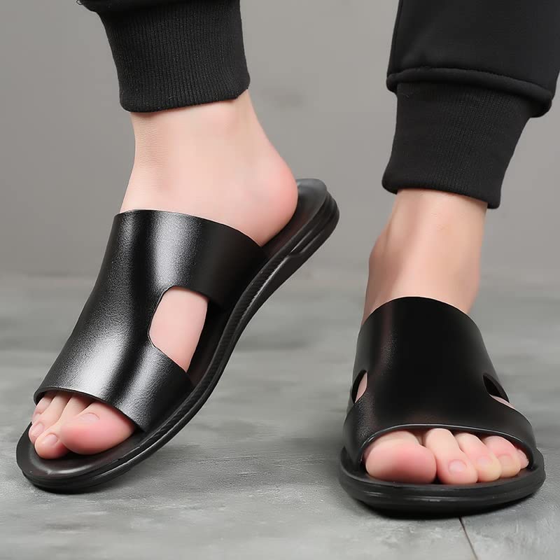 Men Black Shoes Flats Casual Slides Outside Sandals Beach Work Slippers Soft Leather Flip Flop Shoes3