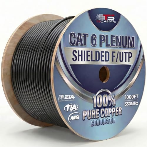 TSCables | Cat6 Plenum Shielded (CMP) Overall Foil Shield (F/UTP), 1000ft, 23AWG | 100% Solid Bare Copper | 550MHz | Bulk Ethernet Cable (Cat6 Plenum Shielded, Black, 1000ft)