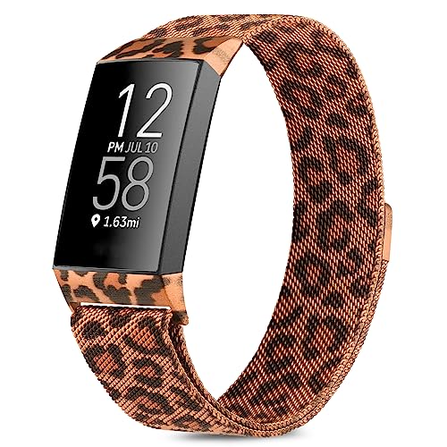Amzpas band for Fitbit Charge 4 Band for Women Men, Stainless Steel Mesh Wristband with Magnet Clasp for Fitbit Charge 4 / Fitbit Charge 3,Large Leopard
