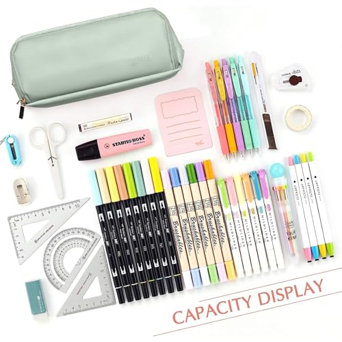 Image of EMUFOOK Large Capacity Pencil Case 3 Compartments Pencil Pouch Organizer with Zipper Portable Stationery Pen Bag Cute Aesthetic Gift for School Teen Girls Boys Men Women, Green