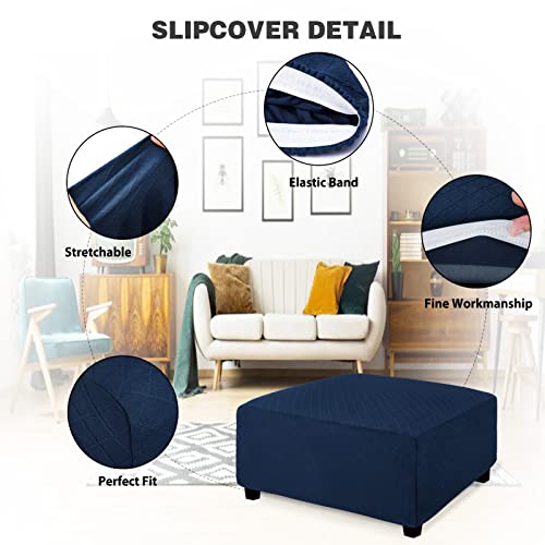 Image of NeColorLife Ottoman Cover Rectangle Oversize Slipcover Stretch Footrest Stool Covers Furniture Protectors Washable Diamond Lattice Jacquard Fabric with Elastic Band,X-Large,Navy Blue