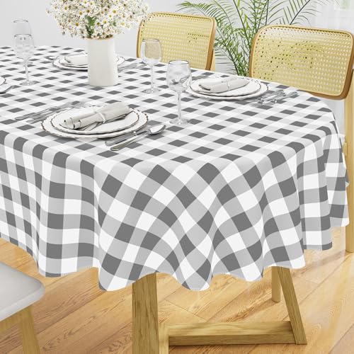 Image of misaya Oval Waterproof Vinyl Table Cloth, Buffalo Flannel Backed Tablecloth, Wipeable Plastic Table Cover for Dinner, Kitchen, Outdoor (60 inch x 102 inch, Grey and White)