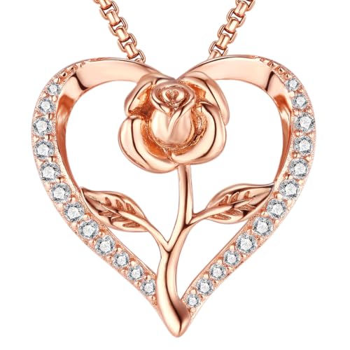 Lyniuoy Collier Femme Pendentif Cœur et Fleur de Rose Bijoux Amour