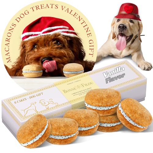 Bonne et Filou Dog Treats, Vanilla Cakes, Dog Birthday Gift for Medium to Large Breed – Gourmet Macaron Cakes, Healthy & Delicious Human Grade Snacks – 6 Count