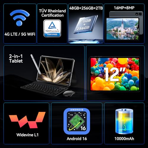 Image of 2026 upgrated 12 inch Tablet, Android 16 Tablet with Keyboard, 2K QHD Display for High-Res Gaming /Art /Productivity,with Wideline, 48GB+256GB+2TB, 5G WiFi /Octa-Core /10000mAh /GMS /GPS-4-year Warranty