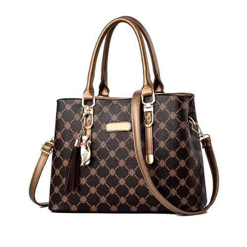 NICOLE & DORIS Damen Handtasche Elegante Schultertaschen Bedruckte Handtaschen PU Leder Frauen Umhängetasche Shopper Tote Mittelgross Tasche Henkeltasche mit Anhänger Braun