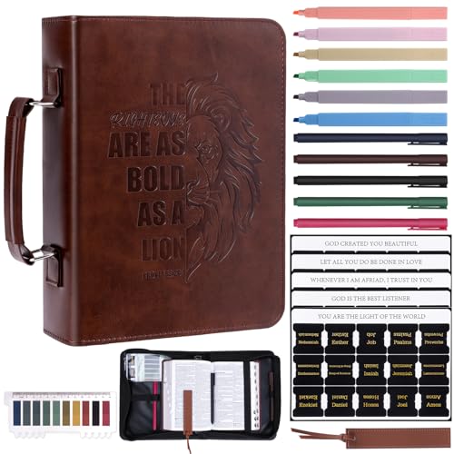 XKDOUS 20 Pcs Bible Case Set with Tabs Pens Study Supplies Carrier Holder Portable Mens Bible Bag Church Book Leather Cover Father Day Christian Gift for Dad Mom Men Women