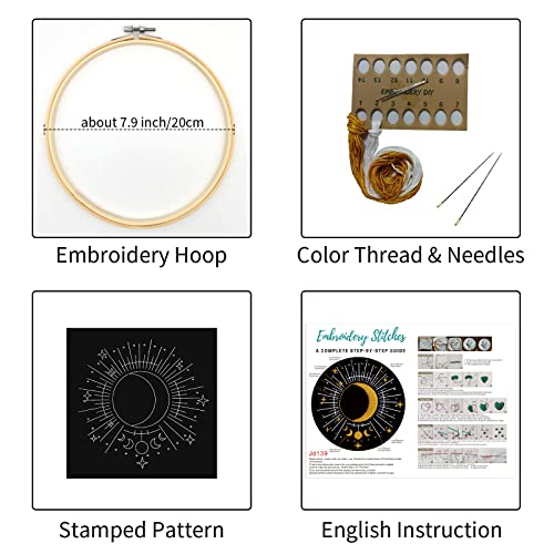 Image of Louise Maelys Tarot Moon Embroidery Kit for Beginners Starry DIY Set | Cross Stitch Kits with Pre-Printed Fabric, Embroidery Hoop, Threads, Needles and Guide. Complete Needlepoint Kit