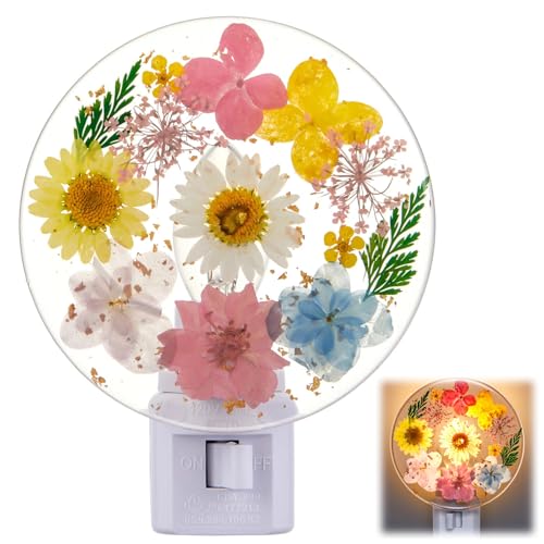 Glooglitter Pressed Flower Night Light Plug in - Handmade Dried Floral Wall Night Light, Soft Glow Decorative Nightlight for Hallway Bedroom Nursery Bathroom, Vintage Botanical Home Decor(Fresh Color)