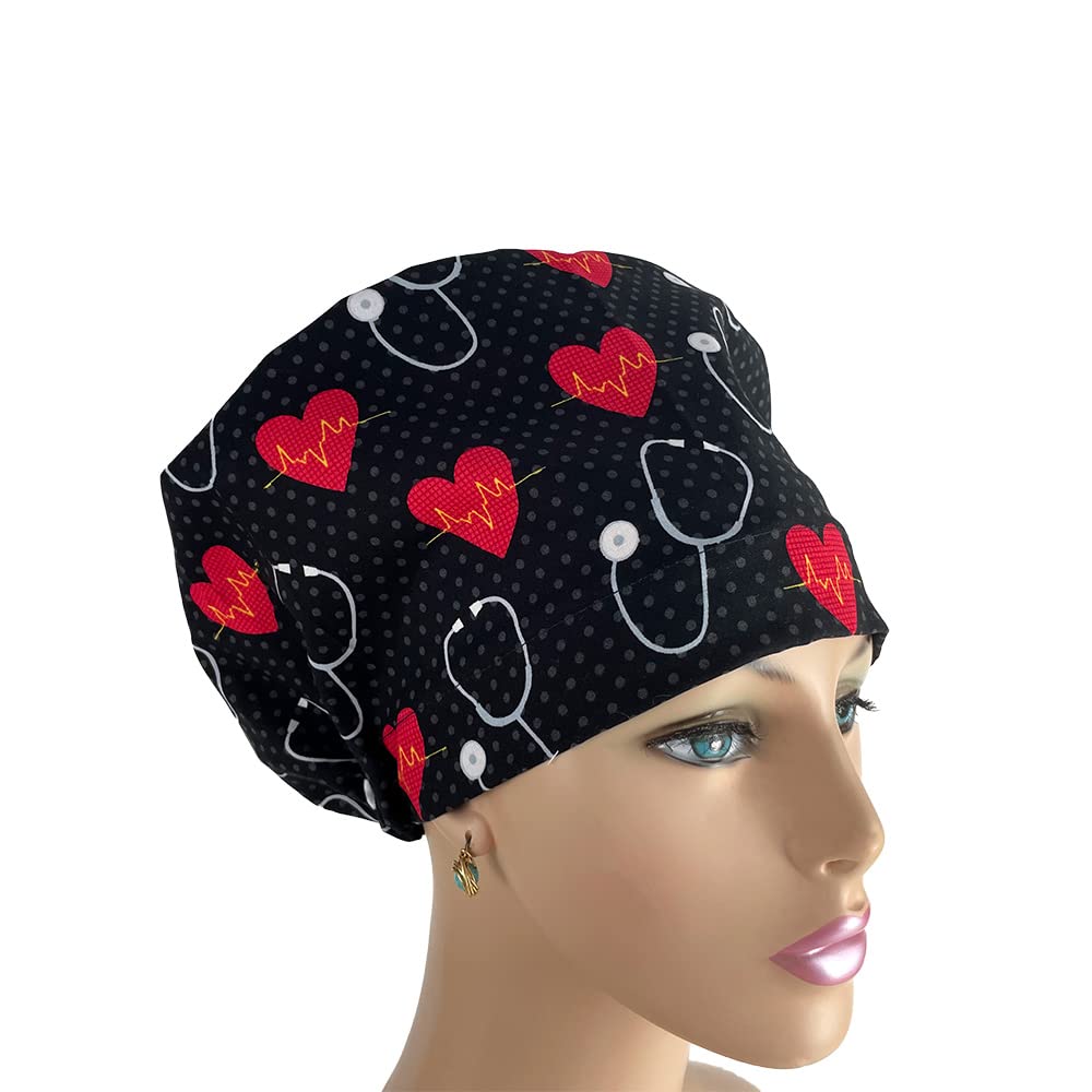 European Style No Ribbon – First Aid – Cardiograph. Turn Up Ponytail Scrub Hats, Ponytail Scrub Hats, Bouffant, Scrub Hats for Women, Unisex Surgical Caps, Dr. Hats, Nurses Hats Black and Red