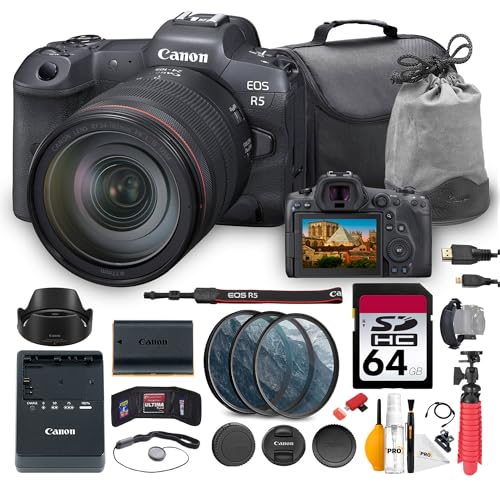Canon EOS R5 Mirrorless Camera with 24-105mm f/4L is USM Lens Bundle | 45MP Full-Frame Sensor, Dual Pixel CMOS AF II & 8K Video | for Wildlife & Pro Photography + 64GB Card + Bag + Card Reader + More