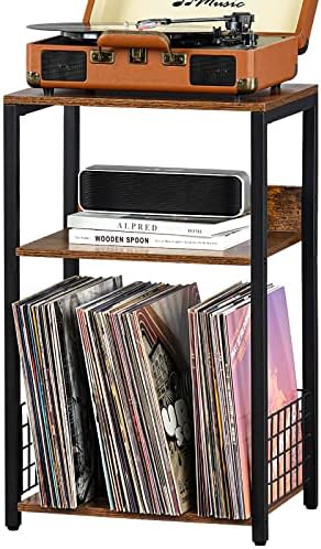 LELELINKY 3 Tier End Table, Record Player Stand with Storage Up to 100 Albums, Industrial Tall Side Tables, Turntable Stand for Vinyl Storage, Brown Records Player Holder Shelf for Living Room Bedroom