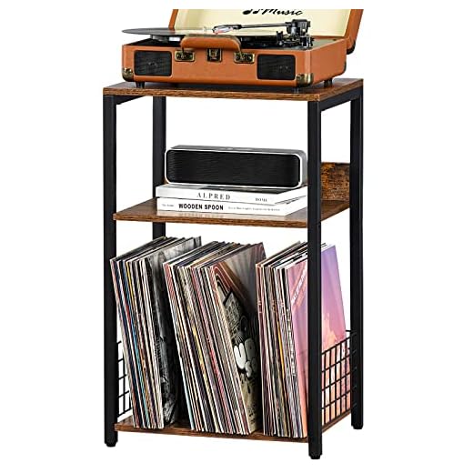 LELELINKY 3 Tier End Table,Record Player Stand with Storage Up to 100 Albums,Turntable Stand for Vinyl,Brown Records Shelf for Living Room Bedroom