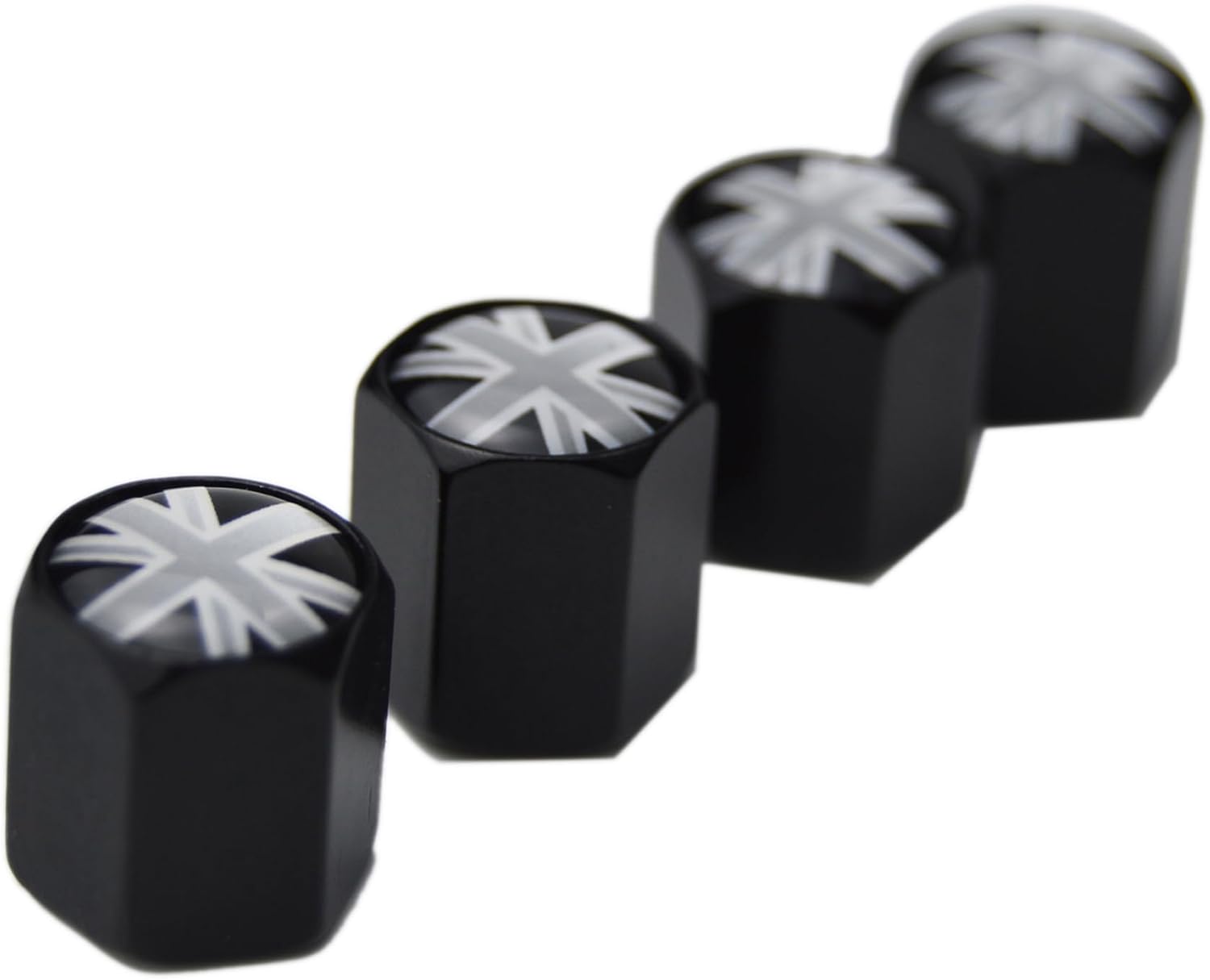 4X Black/Grey Union Jack UK Flag Wheel Center Cap + Valve Stem Cap for Mini Coopers R50 R51 R52 R53 R55 R56 R57 R58 R59 R60 R61 F55 F56