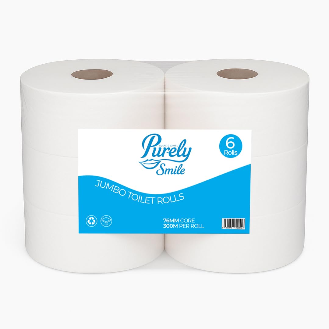 Blake & White 2 Ply Jumbo Toilet Rolls 6 Pack - Purely Smile 76mm Highly Absorbent Toilet Paper for Home & Restrooms - 300m Tissue Roll for Long Lasting Use