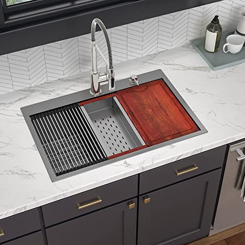 33 Kitchen Sink Drop In - Lofeyo 33" x 22" Gunmetal Matte Black Stainless Steel 16 Gauge Topmount Ledge Workstation Single Bowl Drop In Kitchen Sink Basin