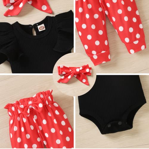 Unutiylo Preemie Baby Girl Clothes Infant Outfits Ribbed Romper Bodysuit Pants Set Ruffle Jumpsuit Clothing Set Short Sleeve Premie Girls Red Polka Dot Black Baby Girls Spring Summer Outfits #TOP3