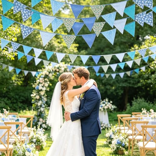 Image of Zwiebeco 32Ft Blue Fabric Floral Pennant Banner Bunting Cotton Flowers Triangle Flags Party Decorations for Birthday Wedding Engagement Bridal Baby Shower Rustic Village Sweet Home Garden Decor