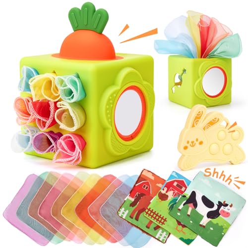 Image of hahaland Baby Tissue Box Toy - Silicone Baby Toys 6-12 Months Montessori Toys for 6 Month Old Easter Basket Stuffers, 6-in-1 Soft Busy Activity Cube Scarves, Crinkle, Textures, Mirror, Sensory Popper
