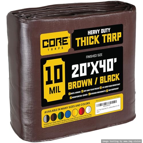 Core Tarps Heavy Duty 10 Mil Tarp Cover, Waterproof, UV Resistant, Rip and Tear Proof, Poly Tarpaulin with Reinforced Edges for Roof, Patio, Pool, Boat (Brown/Black 20′ X 40′)