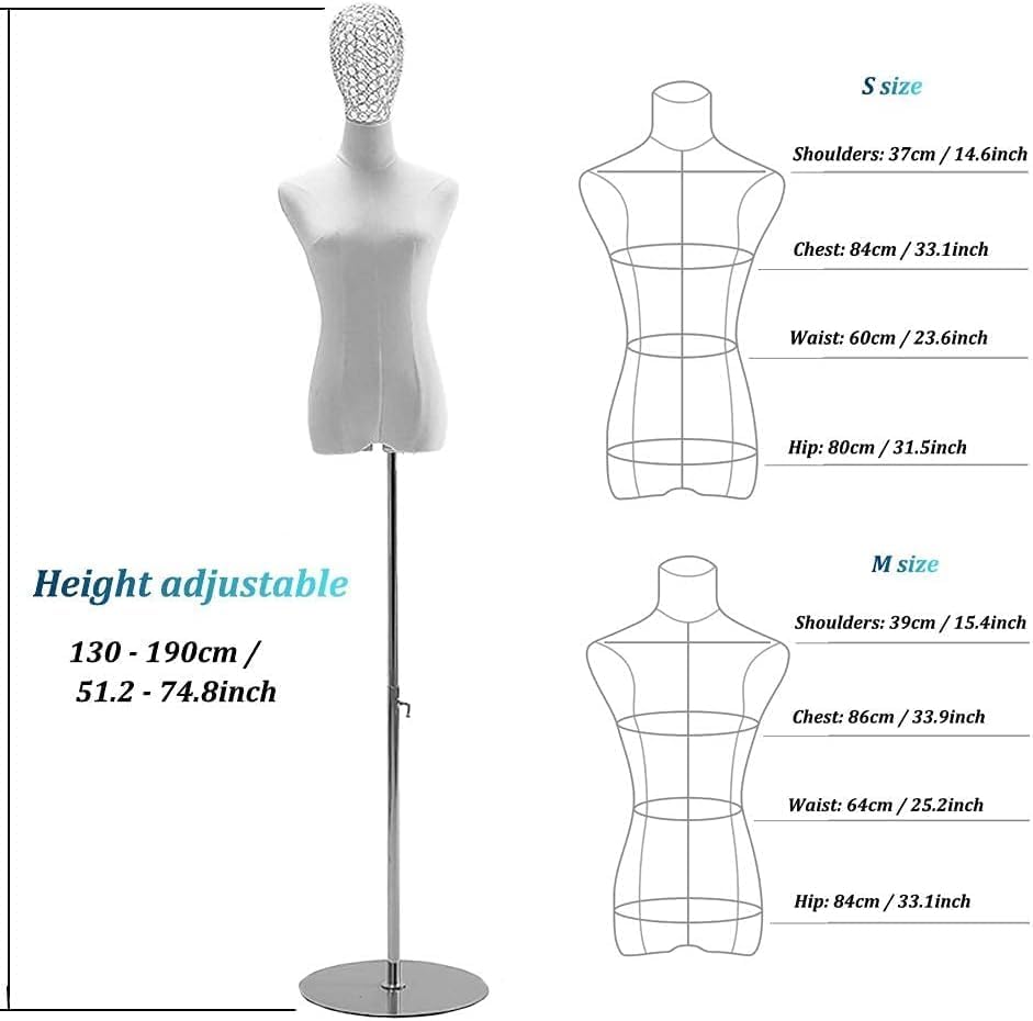 Torso Mannequin Stand, Female Mannequins Female Manniquin with Round Metal Base, Adjustable Women Clothing Form Dress Display Model (Without Arms S)