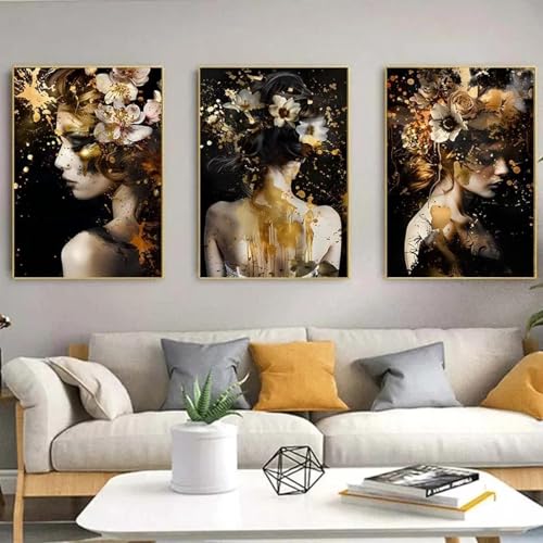 Peinture sur toile abstraite noire et dorée 70x100 cm sans cadre