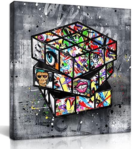 SIXTTART Banksy Canvas Wall-Art for Bedroom - Street Graffiti Wall Art - Abstract Painting Pop Art Wall Decor Modern Home Office Decor 14" W x 14" H Stretched and Framed Ready to Hang