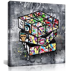 SIXTTART Banksy Canvas Wall-Art for Bedroom – Street Graffiti Wall Art Abstract Painting Pop Art Wall Decor Modern Home Office Decor 14″ W x14 H Stretched and Framed Ready to Hang
