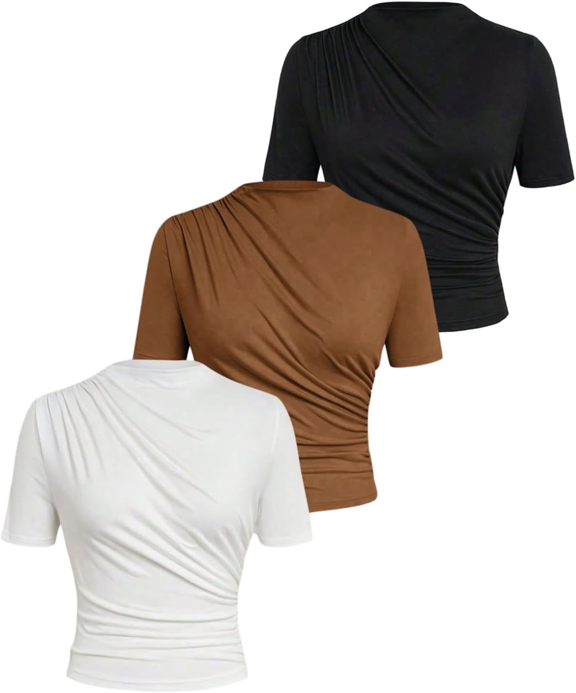 SOLY HUX Women's Plus Size Mock Neck Short Sleeve Tops 3 Packs Basic T Shirts Ruched Basic Tees