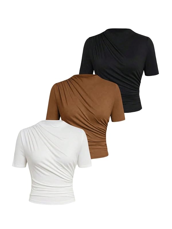 winkbay Women's Plus Size 3 Pack Mock Neck T Shirts Summer Ruched Short Sleeve Dressy Casual Tops Multicolor XX-Large Plus by winkbay - Used condition - US$40.07