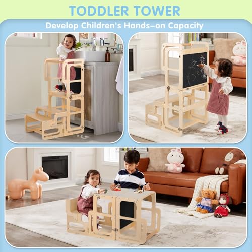 Toddler Tower, Toddler Kitchen Stool Helper, Kitchen Step Stool for Toddlers, 4-in-1 Montessori Foldable Toddler Learning Wooden Tower with Chalkboard, Toddler Desk and Chair All in One