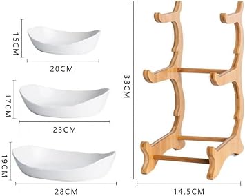 YYW 3 Tier Ceramic Fruit Basket with Bamboo Wood Stand for Kitchen Counter | Large Capacity Porcelain Fruit Bowl for Storing Fruits, Vegetables, Bread, and Snacks. Durable and Stylish Kitchen Storage