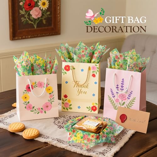 Image of Simetufy Vintage Floral Tissue Paper for Gift Bags, 60 Sheets 14 x 20 Inches Decorative Flower Tissue Paper, Oil Painting Wildflower Greenery Botanical Printed for Wedding Birthday Gift Wrapping