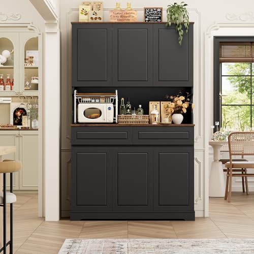 Image of FACBOTALL 74 inch Pantry Cabinet, Tall Kitchen Pantry Cabinet with 6 Doors and 2 Drawers, Kitchen Hutch with Wide Countertop, Modern Kitchens Cupboard with Adjustable Shelves and Charge Holes, Black