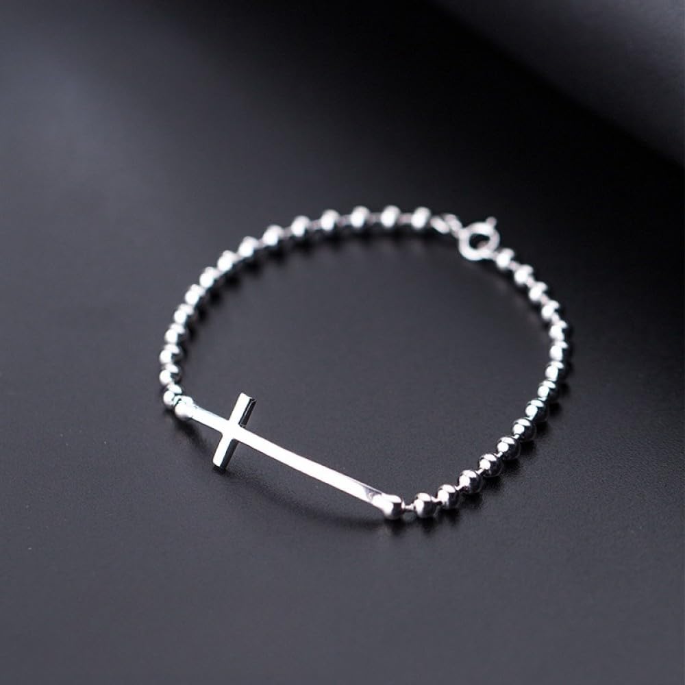 QHQQXN MOCHAMIK Argento Sterling, Delicati Braccialetti in Argento da Donna S925 Argento Lucido Perline Braccialetti con Ciondolo a Croce Braccialetti con Chiusura a Moschettone Gioielli in Argento
