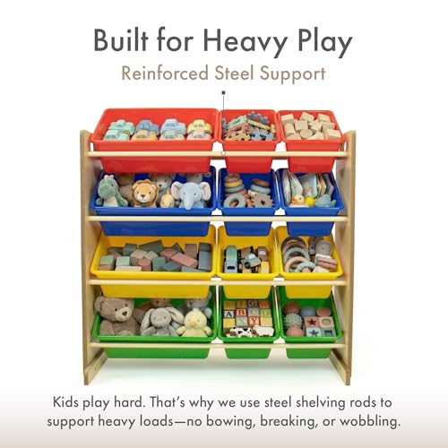 Humble Crew, Natural/Primary Kids' Toy Storage Organizer with 12 Plastic Bins, 34*35*15.5inch