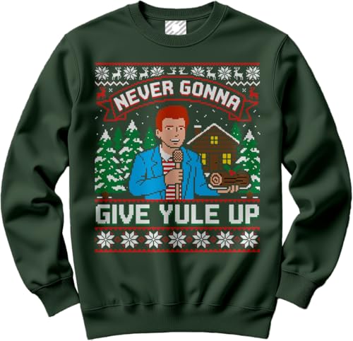 Image of HotScamp Retro Christmas Jumper Day for Men and Women – Never Give Yule Up Slogan Sweatshirt - Xmas Sweater Funny 80s Rick One Hit Wonder Sweater Christmas Jumper Days Bottle Green X-Large