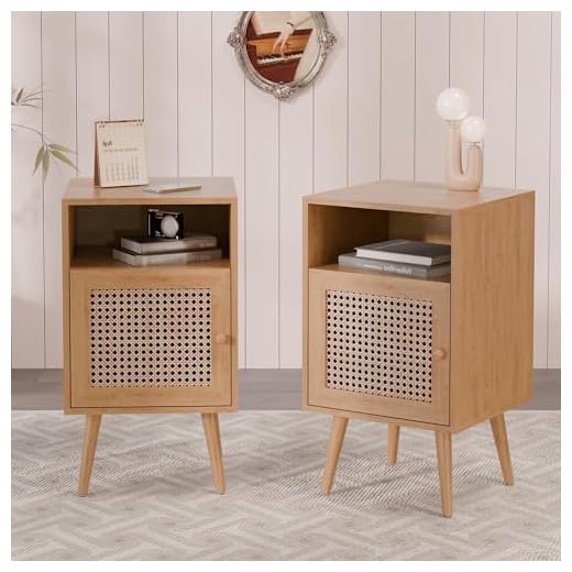 Xilingol Set of 2 Rattan Nightstand, Wooden Bedside Table End Table for Living Room and Bedroom
