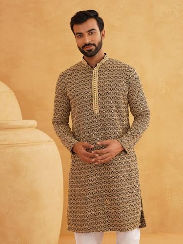 Image of SOJANYA Men's Coffee Brown Cotton Blend Kurta with Intricate Embroidery & Subtle Sequin Work