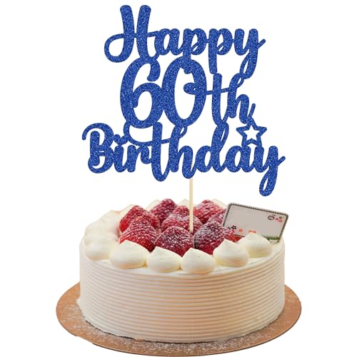 Gyufise 1Pc Happy 60th Birthday Cake Topper Glitter 60 & Cheers to 60 Years Old 60th Birthday Cake Pick for Celebrating 60th Birthday Anniversary Party Cake Decorations Supplies Blue