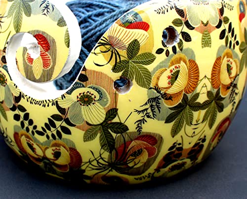 Image of Multi Purpose Wooden Yarn Bowl - Yarn Holder Rosewood - Knitting Bowl Handmade Wooden Yarn Bowl for Knitting and Crochet | Large Knitting Bowl Mother's Day Gift (Yellow Design)