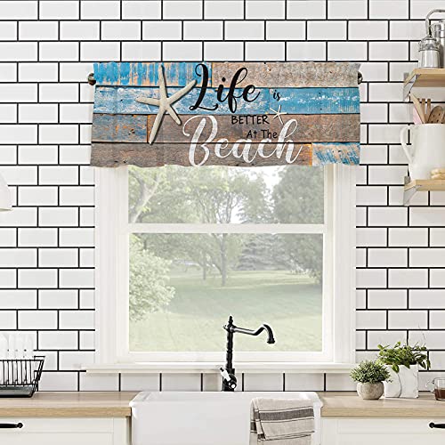 Hostline Valances Curtains For Living Room Life Is Better At The Beach Cute Starfish On Blue Wooden Board Valance #TOP3