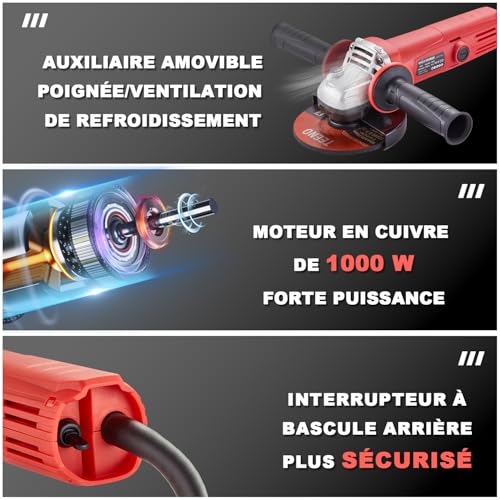 TEENO Meuleuse D'angle 1000W, Meuleuse Angulaire Régime à Vide 12000 trs/min (Disque à Ébarber/à Tronçonner:125 mm 4 pièces),Pour la coupe et le meulage du métal,Carter de Protection et Poignée – Image 4