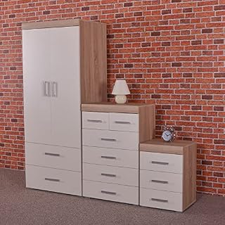 *Bedroom Furniture Set White & Sonoma Oak* 2 Door 2 Drawer Wardrobe, 4+2 Drawer Chest & 3 Draw Bedside Cabinet