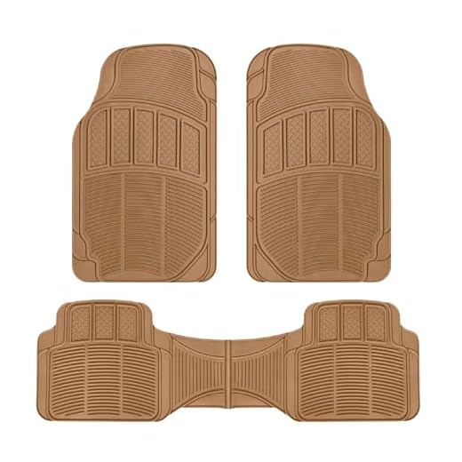 BDK 3-Piece Universal Front & Rear Rubber Floor Mats, Heavy Duty Universal Fit Liners for Cars SUVs Trucks Vans, All Weather Protection Anti-Slip Nibs, Flexible Contours Fits Most Vehicles - Beige
